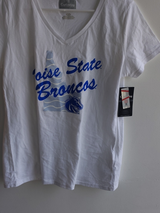 Captivating Tops - Captivating Women's Boise State Broncos White V-Neck Tee with Blue Logo Medium